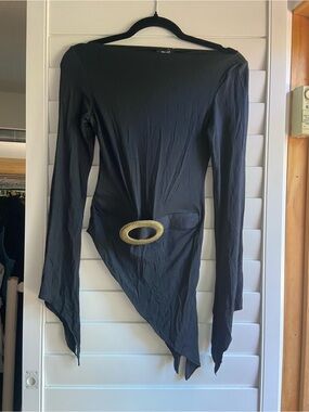Alias Black Asymmetrical Long-Sleeve Top with Gold Oval Buckle